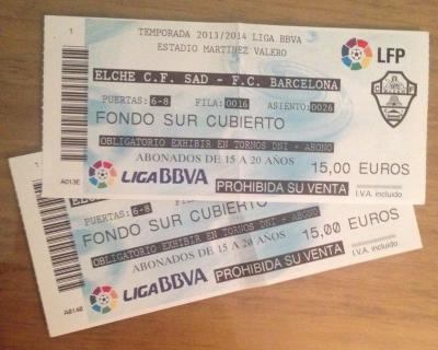 2 Entradas Elche CF -FC Barcelona  J.37 TEMPORADA 13/14